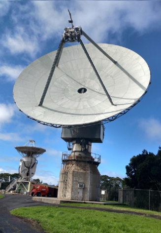 The 9-m VLBI antenna (left, background) and the 20-m VLBI antenna (right, foreground) (2014).
