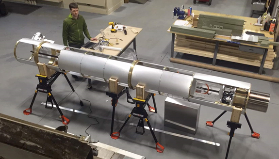 Front-end positioner during electromechanical tests conducted at the MIT Haystack Observatory facilities.